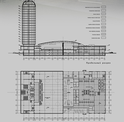 Схема продольного разреза и планы первых уровней комплекса
