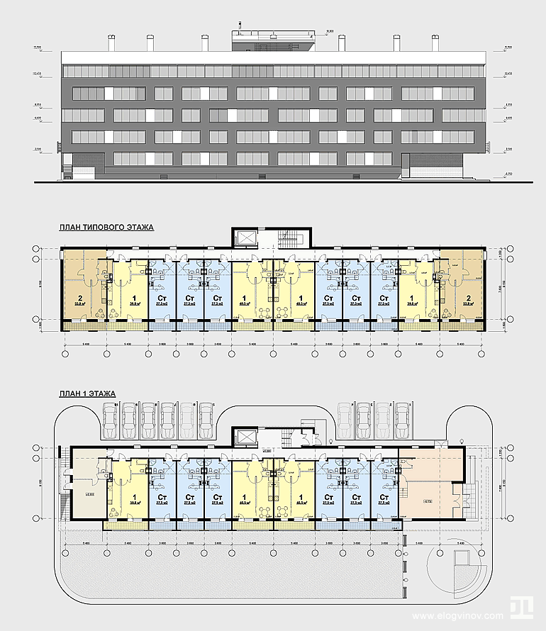 План первого и типового этажа, фасад